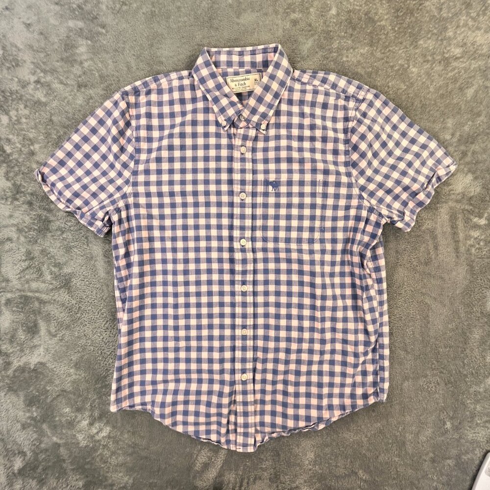 Abercrombie & Fitch Shirt Mens XL Gingham Plaid Pink Blue Short Sleeve Button Up